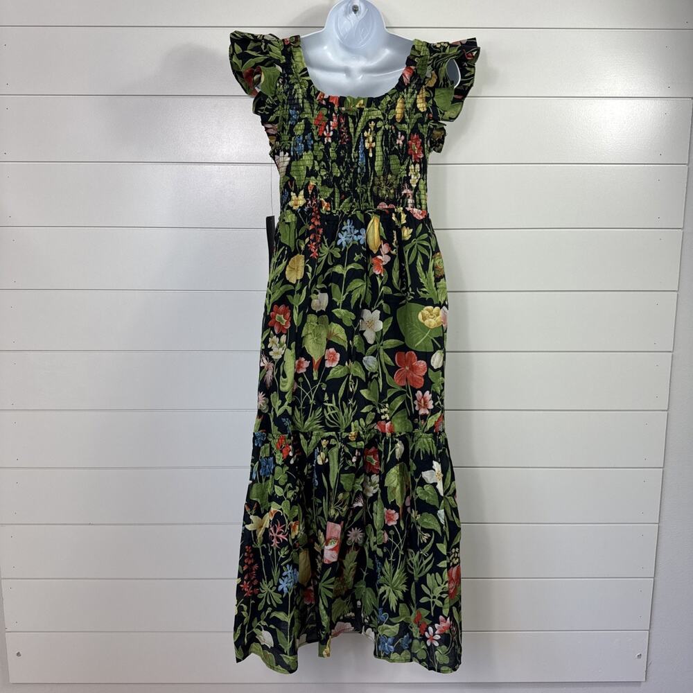 Tuckernuck Mallie Smocked Midi Dress Black Blooming Botanical Print sz L - Picture 6 of 7